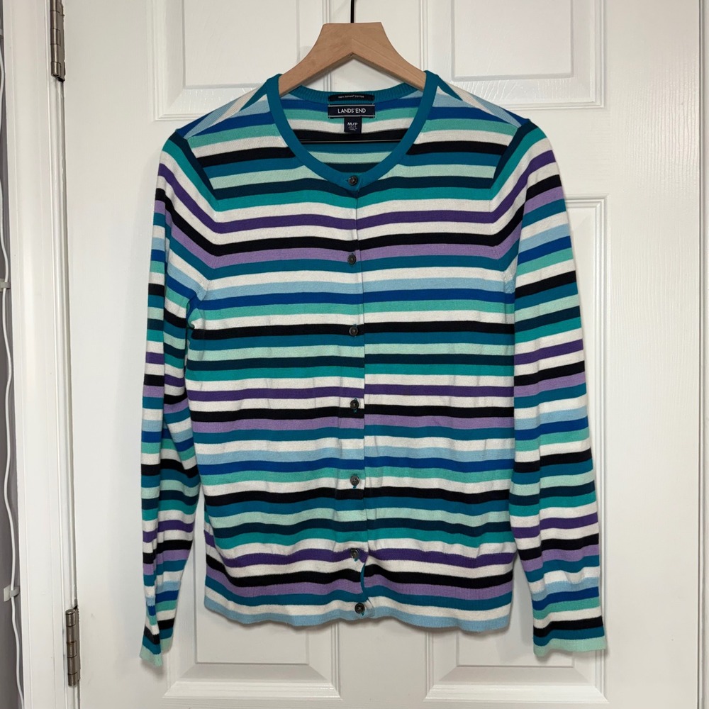 Lands End Women 100% Supima Cotton Striped Cardigan Sweater Blue Purple M